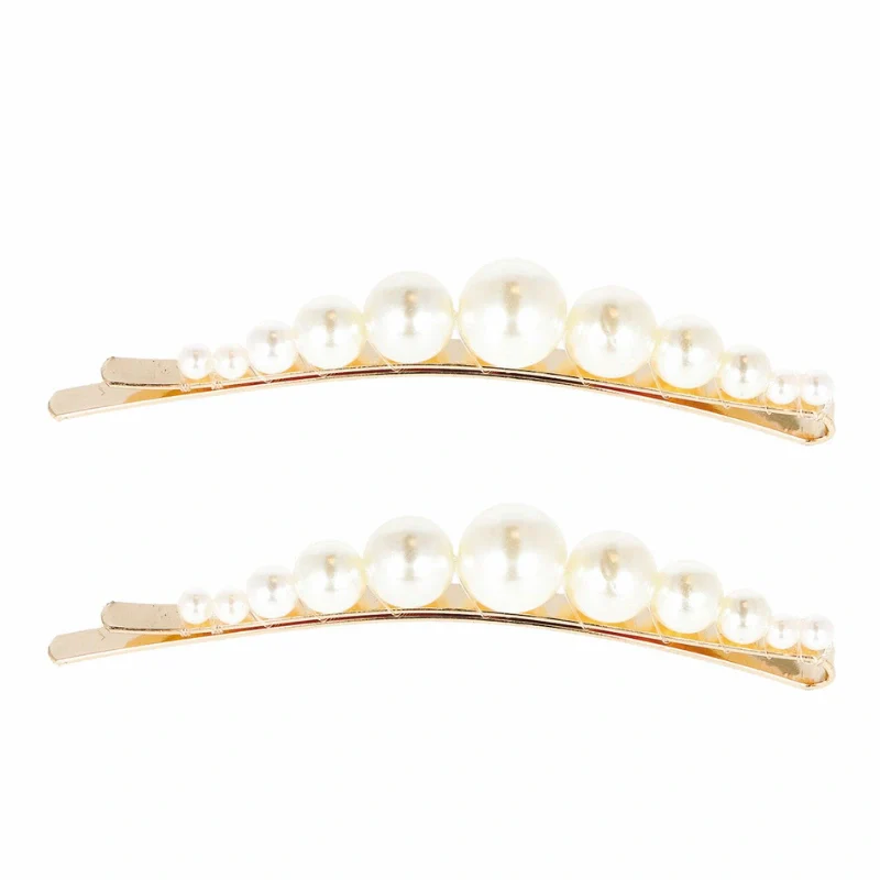 2 Barrettes Dorées avec Perles Blanches